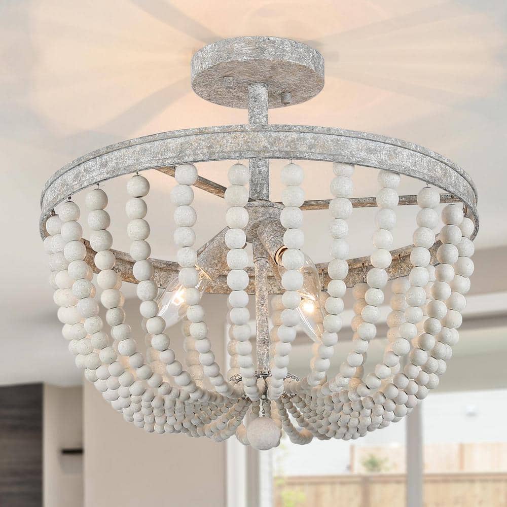 16 in. Modern Farmhouse Antique White Wood Beaded Semi-Flush Mount, 3-Light Bohemian Round Basket Ceiling Lighting - Hercitys