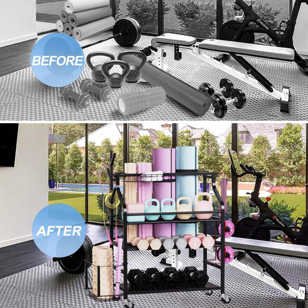 4 Layers Yoga Mat Storage Rack, Dumbbells Rack, Home Gym Holder Garage Storage Organizer with Wheels and Hooks - Hercitys