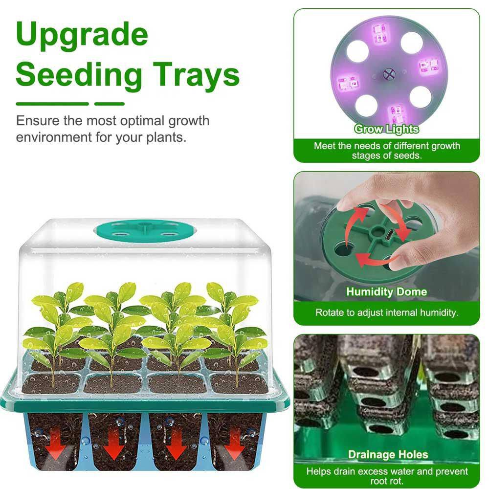 1-Set Seed Starter Tray With Grow Light Humidity Dome Germination Kit 5-Level Brightness 4 Timers (5Pcs Trays) - Hercitys