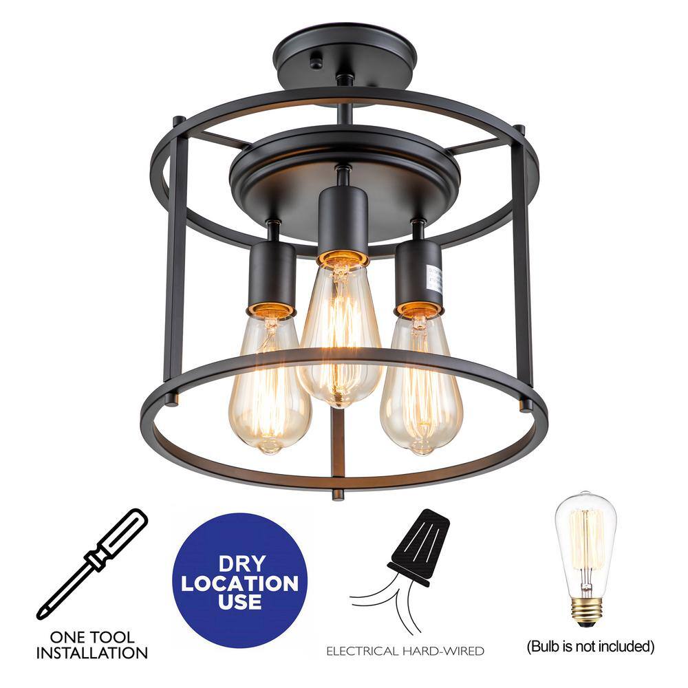 12 in. 3-Light Black Drum Cage Semi-Flush Mount Light - Hercitys