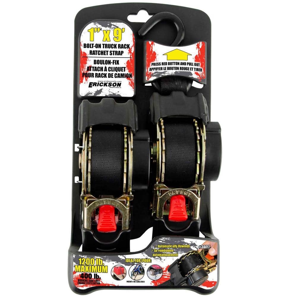 1 in. x 9 ft. 1200 lbs. Bolt On Re-Tractable Ratchet Tie Downs Black (2-Pack) - Hercitys