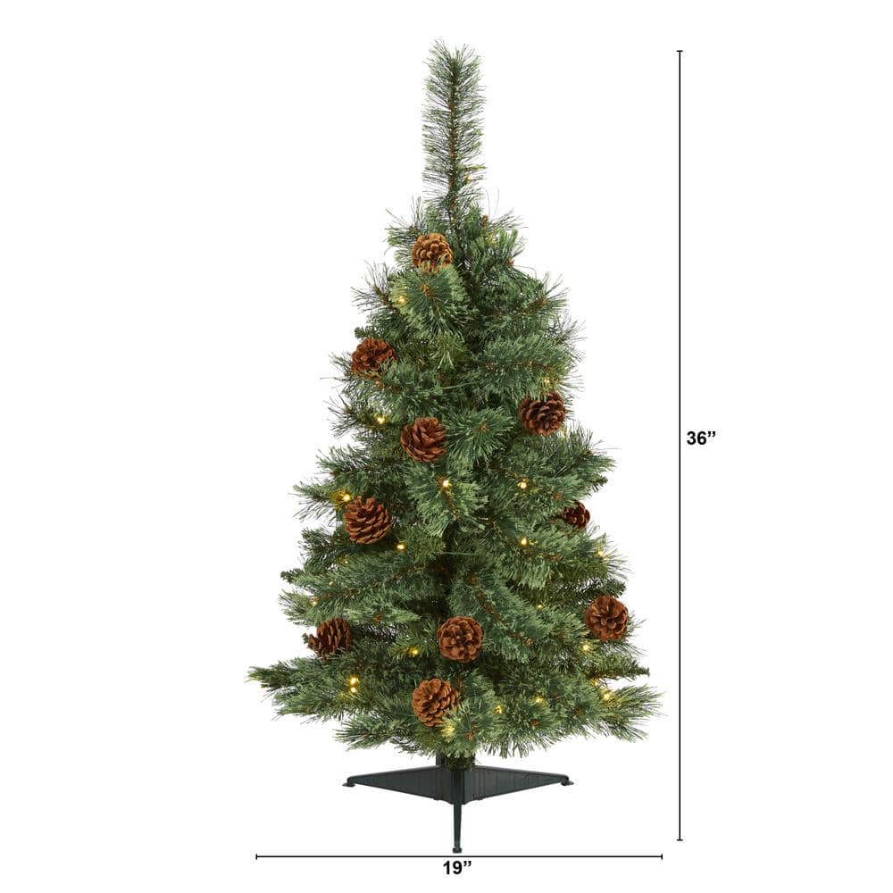 3 ft. White Pre-lit Mountain Pine Artificial Christmas Tree with 50 Battery Operated Clear LED Lights and Pine Cones - Hercitys