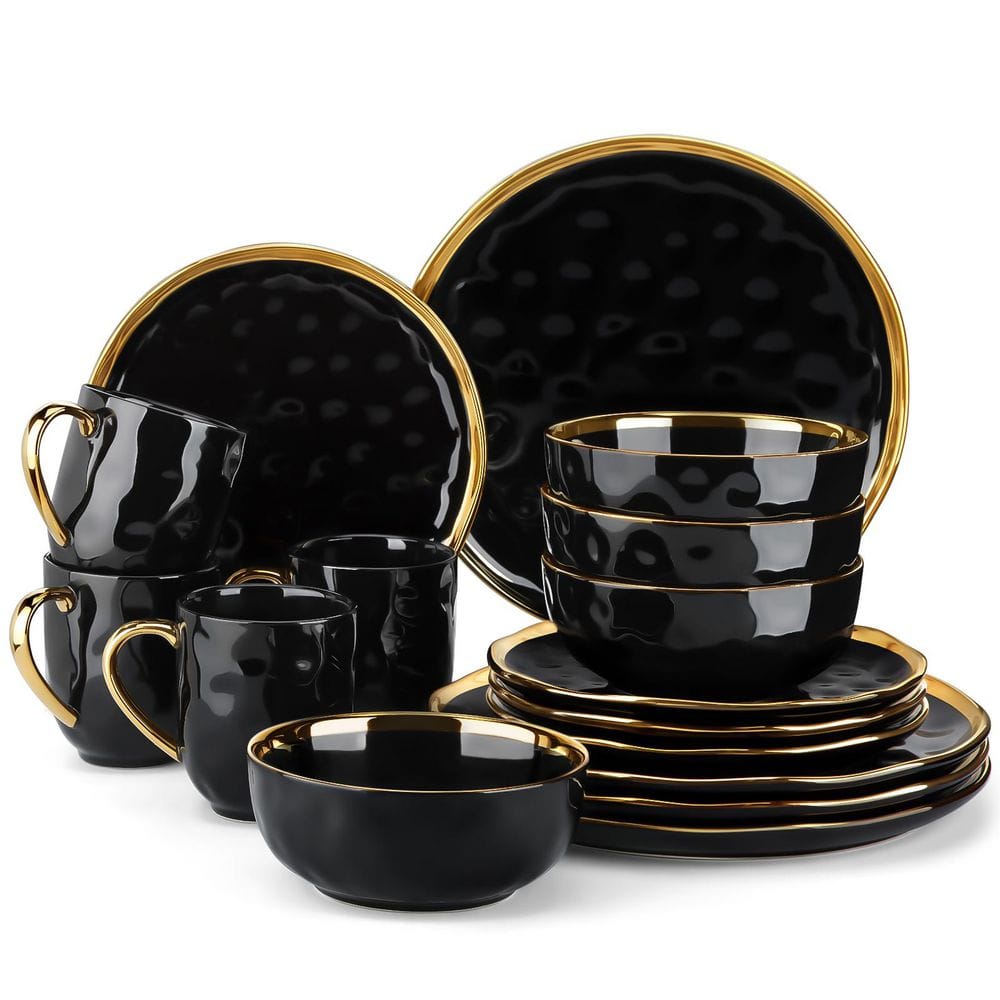 16-Piece Black Porcelain Dinnerware Set Service for 4-Gold Rim Tableware Cereal Bowls Dinner Plates Dessert Plates Mugs - Hercitys