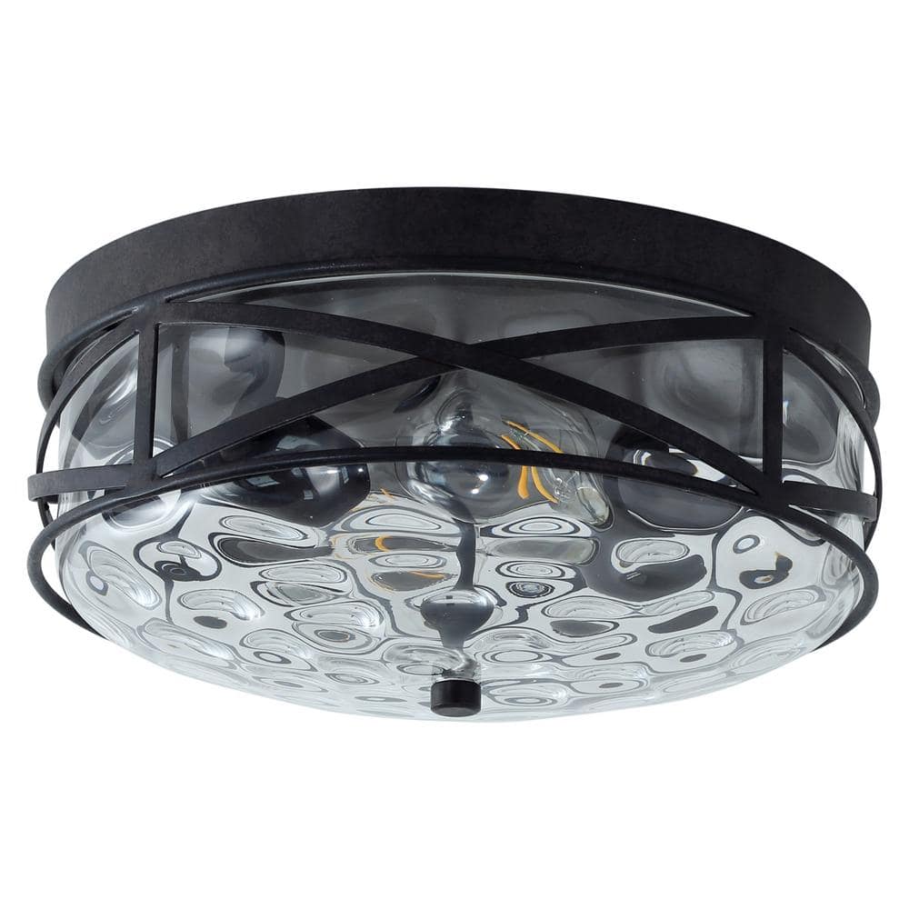 11.4 in. 2-Light Farmhouse Flush Mount Ceiling Light Fixture with Water Ripple Glass Shade - Hercitys