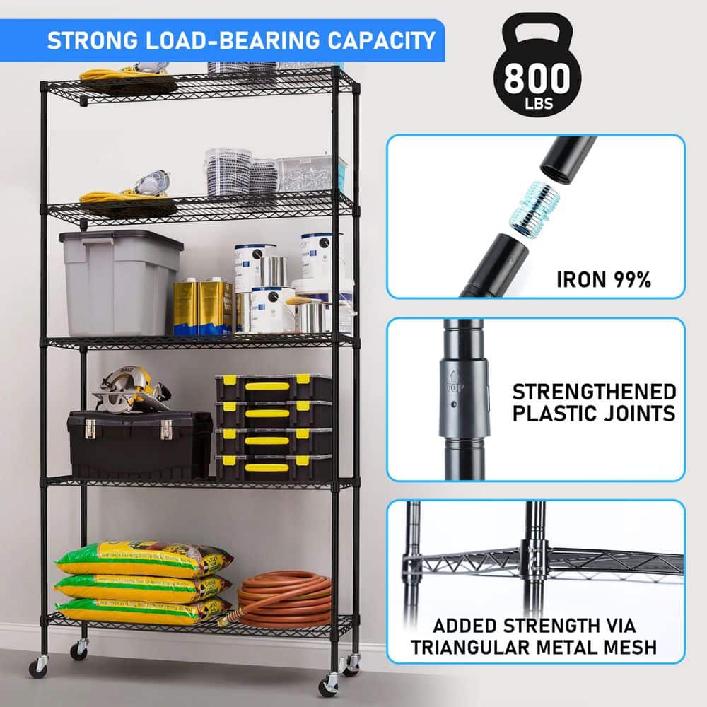 5-Tier Heavy Duty Shelving Unit, Wire Metal Stackable Storage Shelf for Kitchen, Garage, 1-Pack in Black - Hercitys