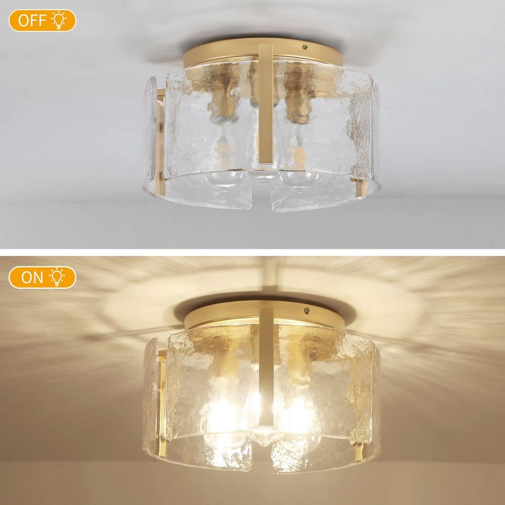 14.96 in. 3-Light Gold Modern Flush Mount Ceiling Light with Water Glass Shade - Hercitys