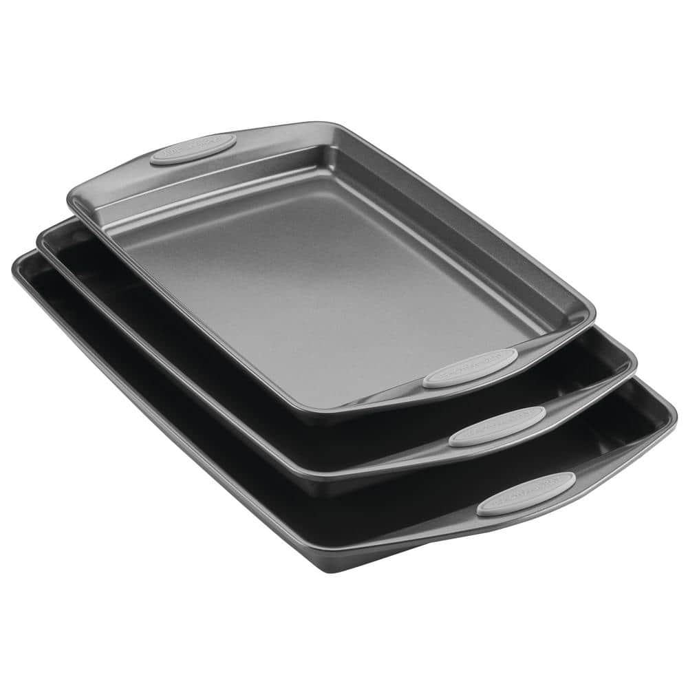 3-Piece Gray Bakeware Nonstick Cookie Pan Set with Sea Salt Gray Silicone Grips - Hercitys