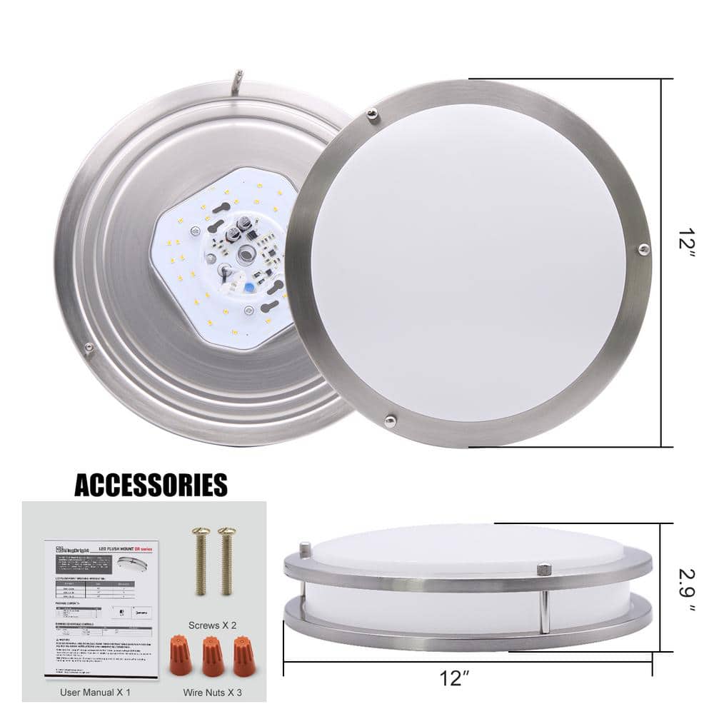 12 in. Brushed Nickel Dimmable LED 3000K Warm White Flush Mount Light Fixture - Hercitys