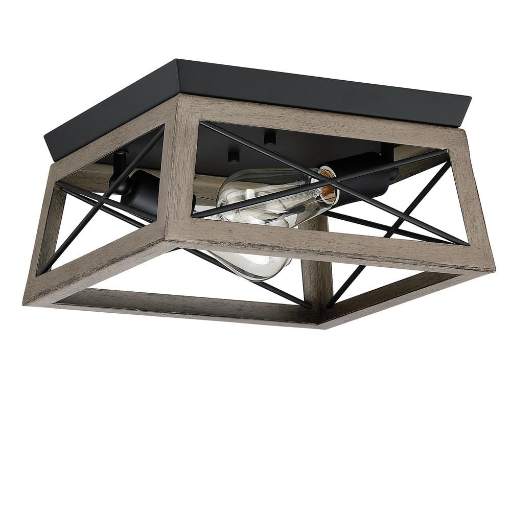 12 in. W. 2-Light Flush Mount with Matte Black finish and Anchor Grey Oak accents - Hercitys