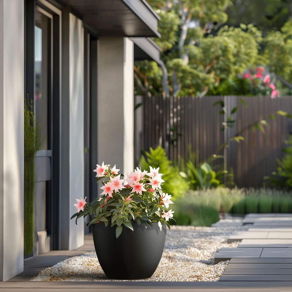 17.5 in. Large Charcoal Black Concrete Round Planter / Pot with Drainage Holes - Hercitys