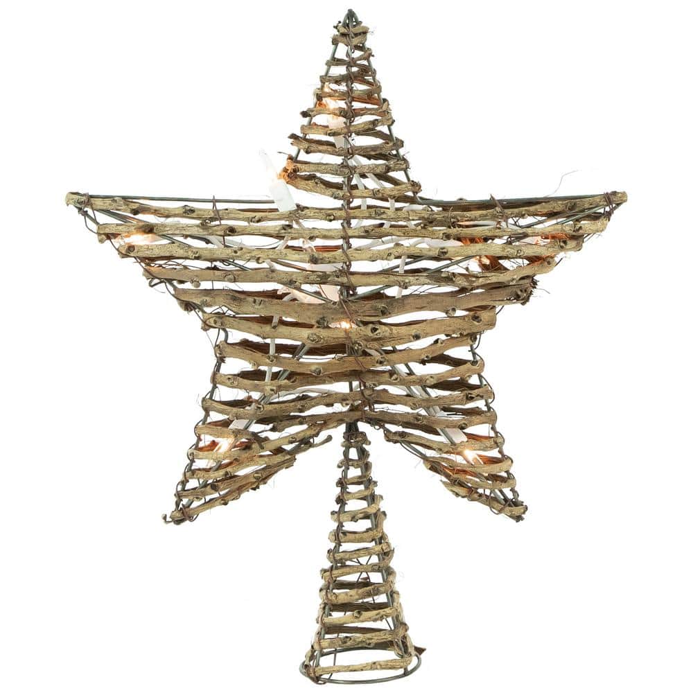 11.5 in. Natural Brown Rattan Star Christmas Tree Topper – Clear Lights - Hercitys