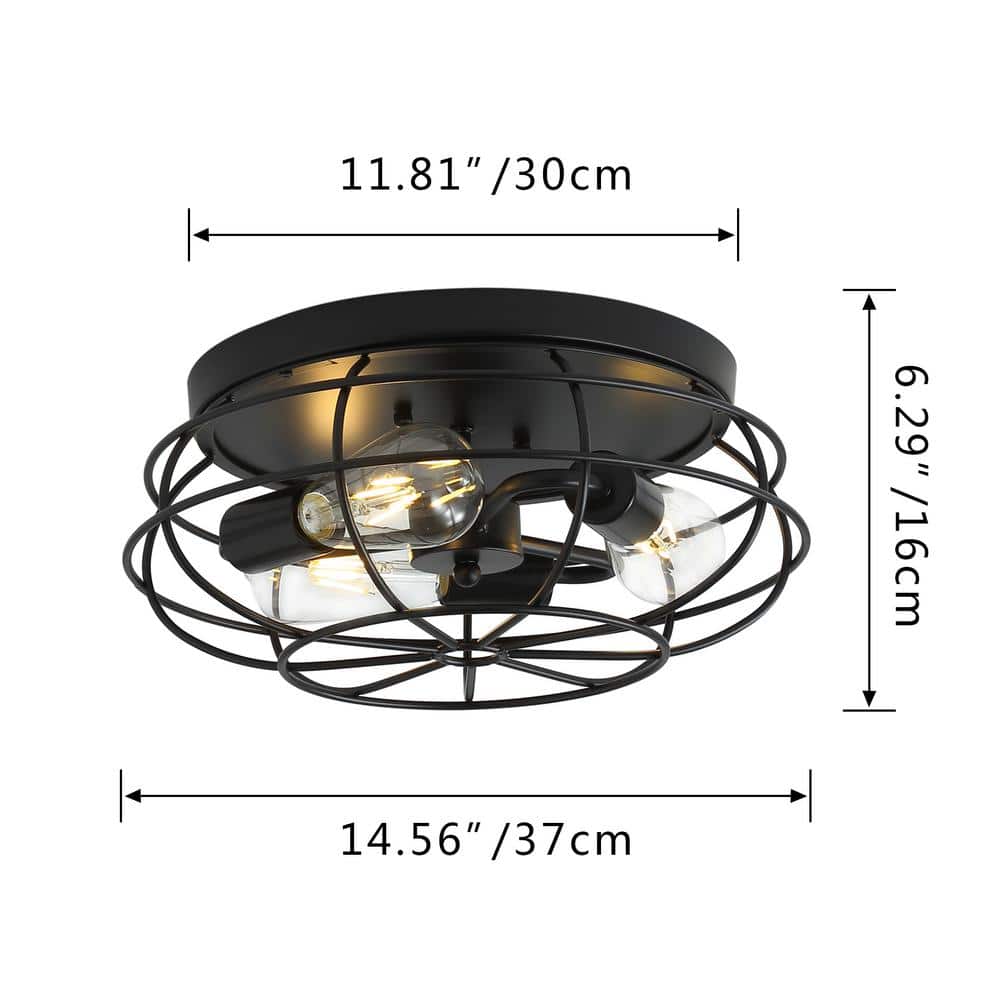 14.6 in. 3-Light Black Farmhouse Vintage Metal Caged Lantern Flush Mount Rustic Drum Ceiling Lighting - Hercitys