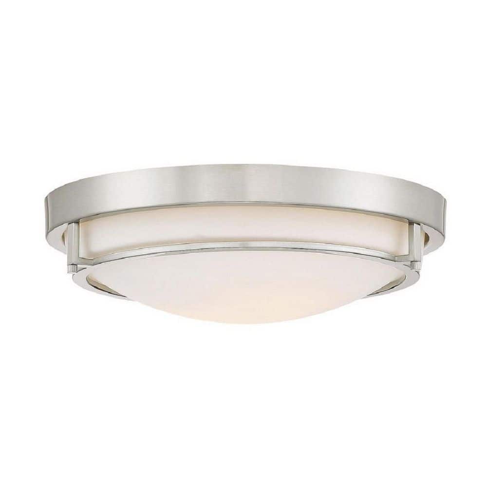 13 in. W x 4 in. H 2-Light Brushed Nickel Semi-Flush Mount with Metal Ring and White Glass Shade - Hercitys