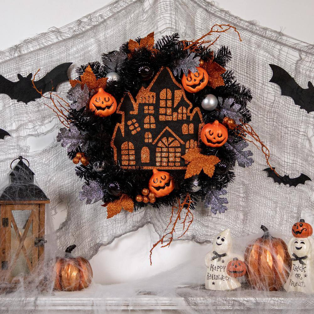 24 in. Orange and Black Unlit Haunted House Halloween Wreath - Hercitys