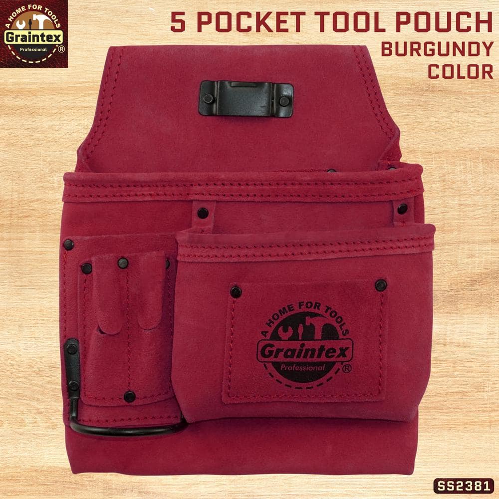 5-Pocket Right Handed Suede Leather Burgundy Nail and Tool Pouch - Hercitys