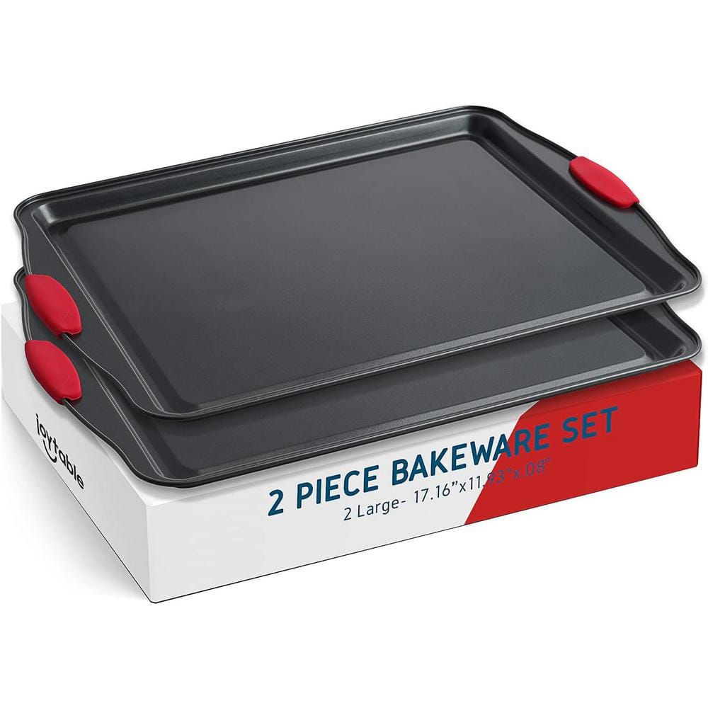 2-Piece Black Steel Nonstick Large Baking Cookie Sheet Set w/Silicone Handles - Hercitys