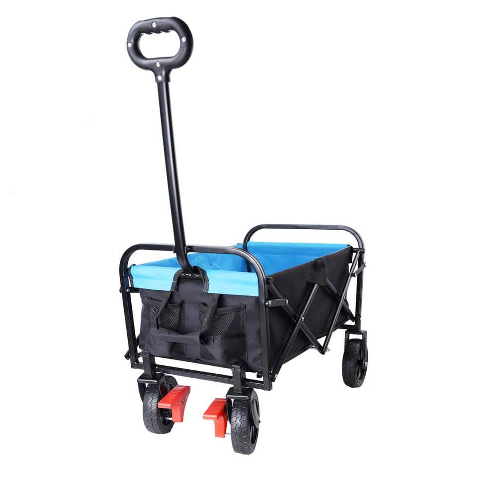 2 cu. ft. Black and Blue Fabric Wagon Cart Garden Cart with Wheels and Adjustable Handle for Garden, Beach - Hercitys