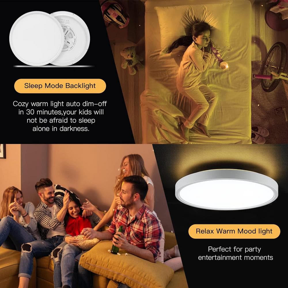 12 in. White Dimmable LED Flush Mount Ceiling Light 3000-6500K with Remote and Nightlight Warm White, No Bulb Included - Hercitys