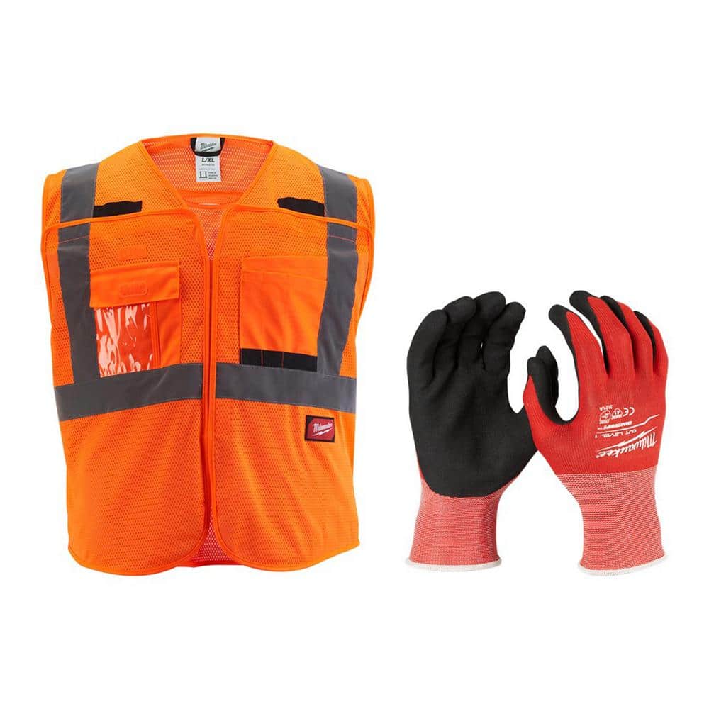 4X/5X-Large Orange Class 2 Breakaway Mesh High Vis Safety Vest and XX-Large Red Nitrile Cut Level 1 Dipped Work Gloves - Hercitys