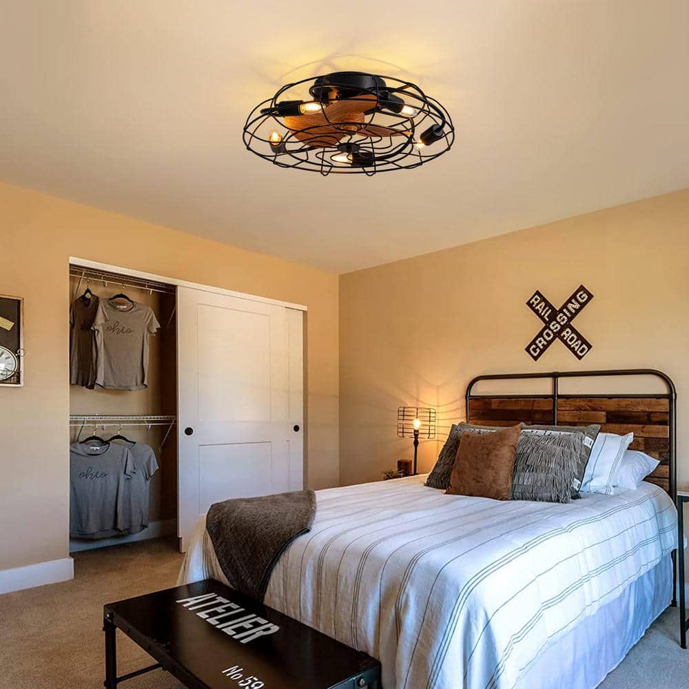22 in. Indoor Black Caged Ceiling Fan with Light and Remote for Bedroom Dining Room - Hercitys