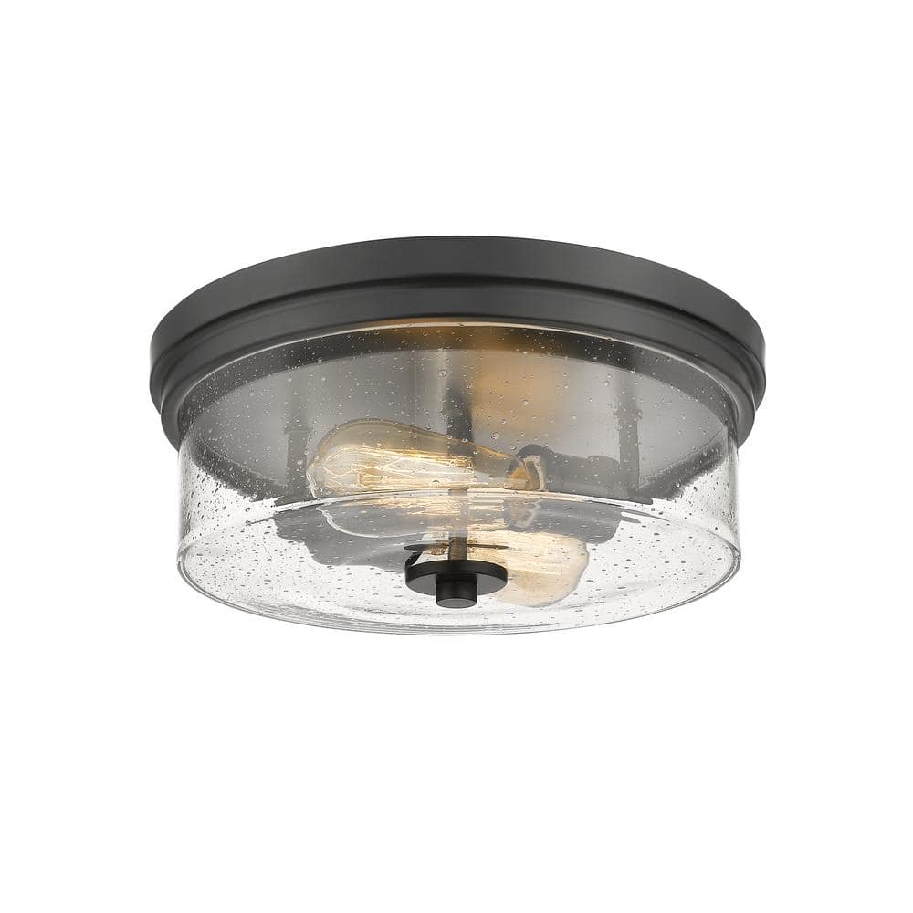 12 in. 2-Light Matte Black Flush Mount with Clear Seedy Shade - Hercitys