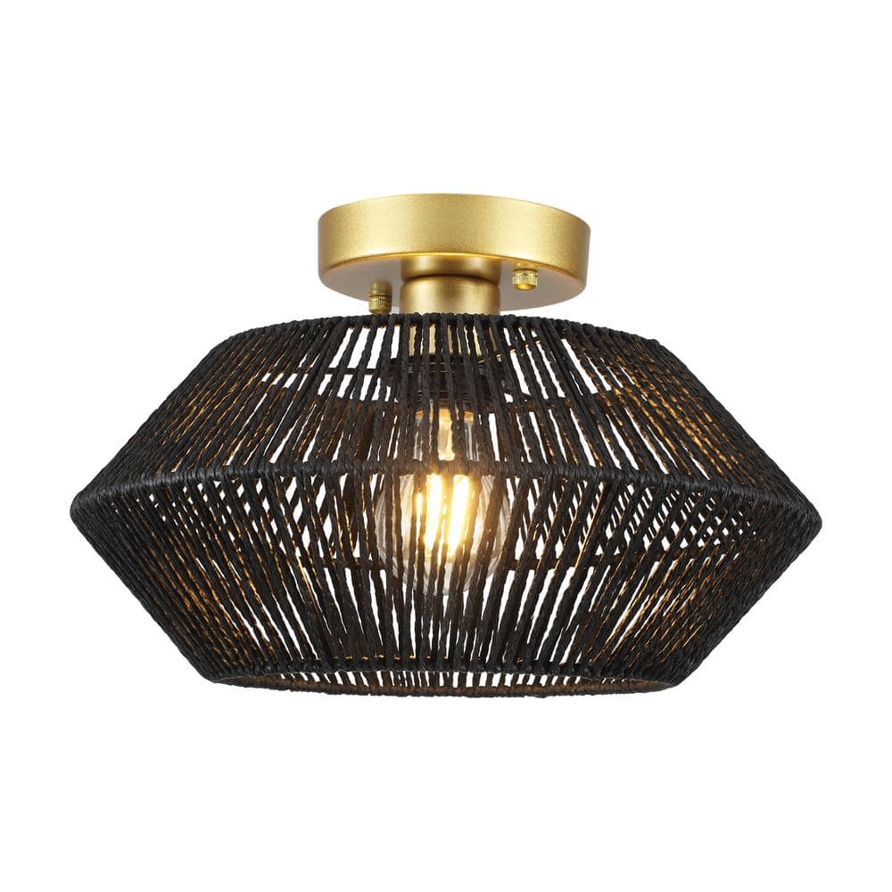 12.6 in. 1-Light Gold and Black Bohemian Rattan Semi Flush Mount Ceiling Light for Dining Room - Hercitys