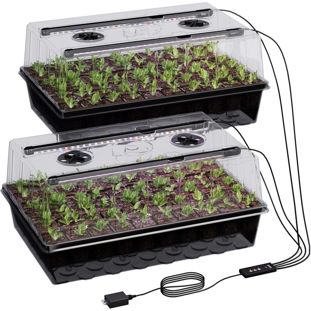120-Cell Self-Watering Seed Starter Tray with Grow Light and 4.07 in. Humidity Dome for Indoor Plant Germination, 2-Pack - Hercitys