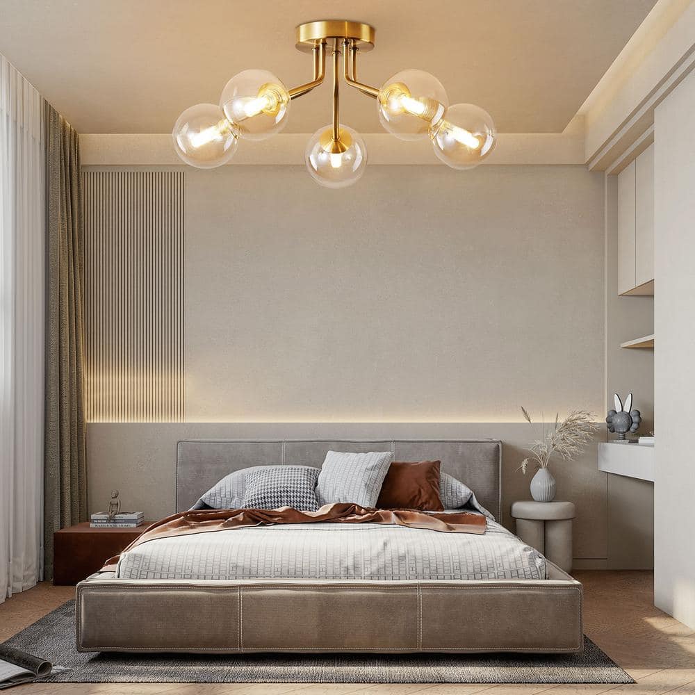 23.6 in. 5-Light Modern Gold Semi-Flush Mount Ceiling Light with Glass Shade for Dining Room Bedroom - Hercitys