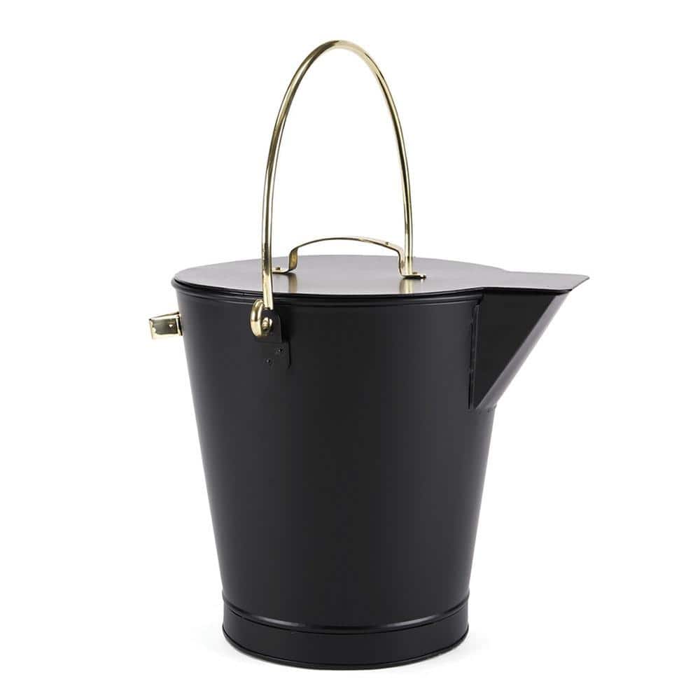 13 in. Tall Black Versatile Round Ash Bucket with Cover and Solid Brass Handles - Hercitys