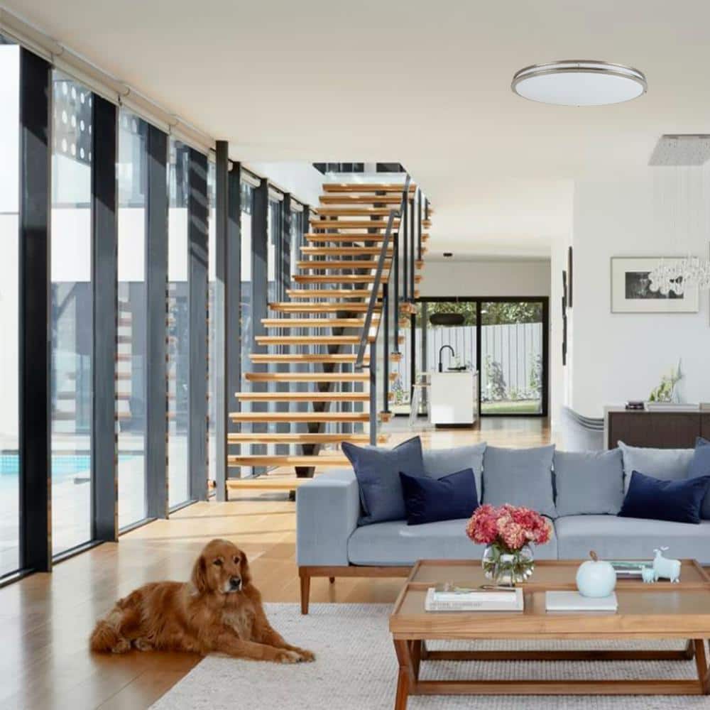 32.25 in. 200-Watt Modern Brushed Nickel Integrated LED Flush Mount with White Acrylic Shade - Hercitys