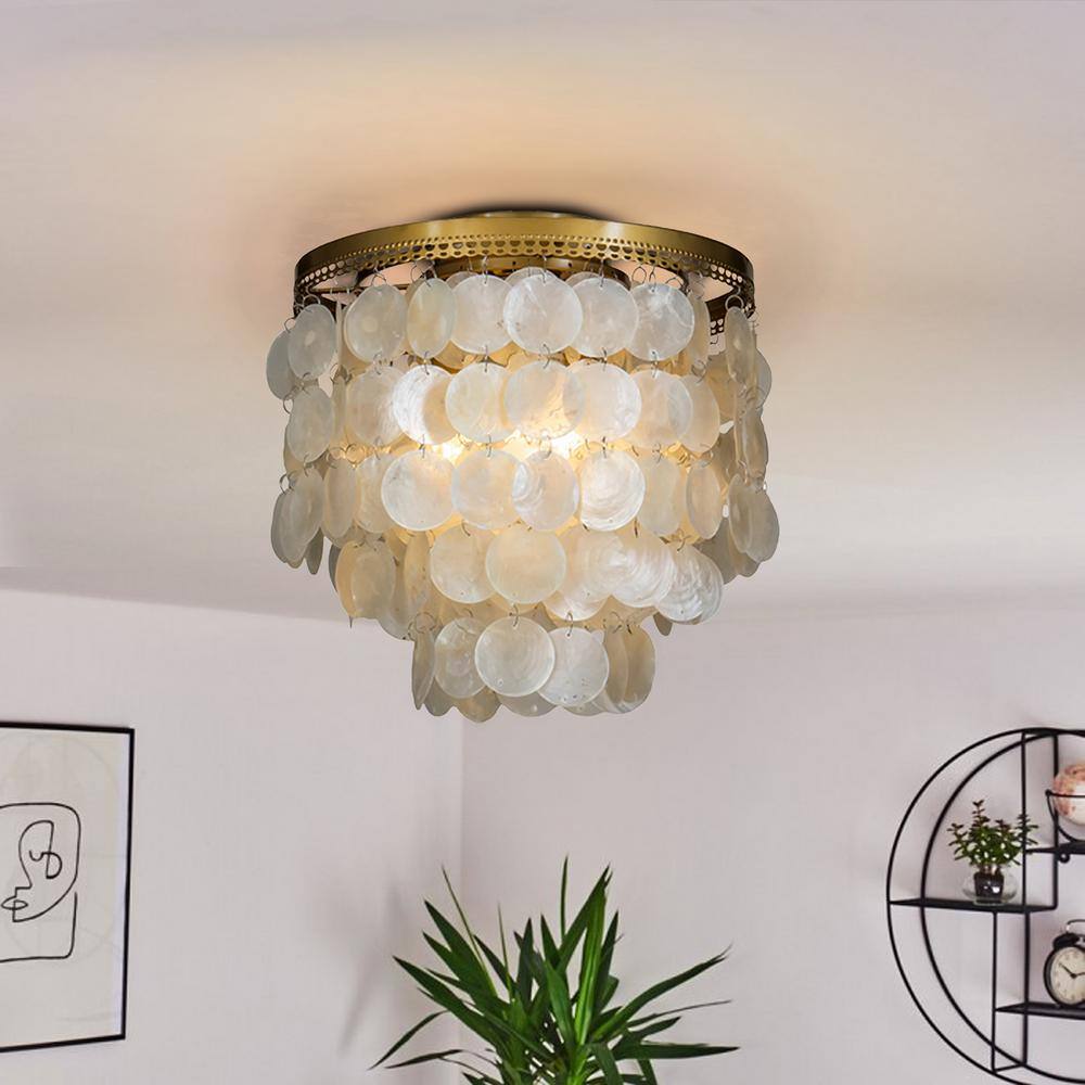 13in 3-Light Small Coastal Natural Capiz Seashell Flush Mount Lighting in Antique Brass - Hercitys