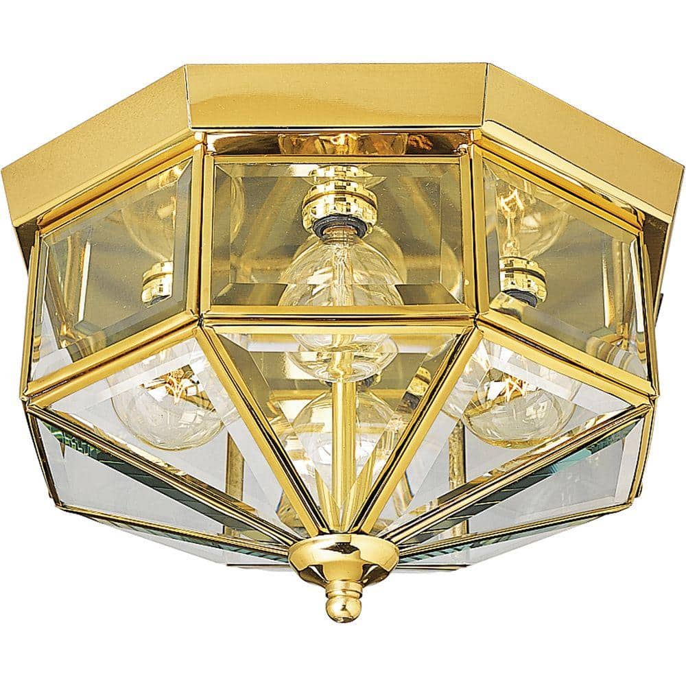 4-Light Polished Brass Clear Beveled Glass Traditional Indoor Outdoor 11-1/8″ Flush Mount Light - Hercitys