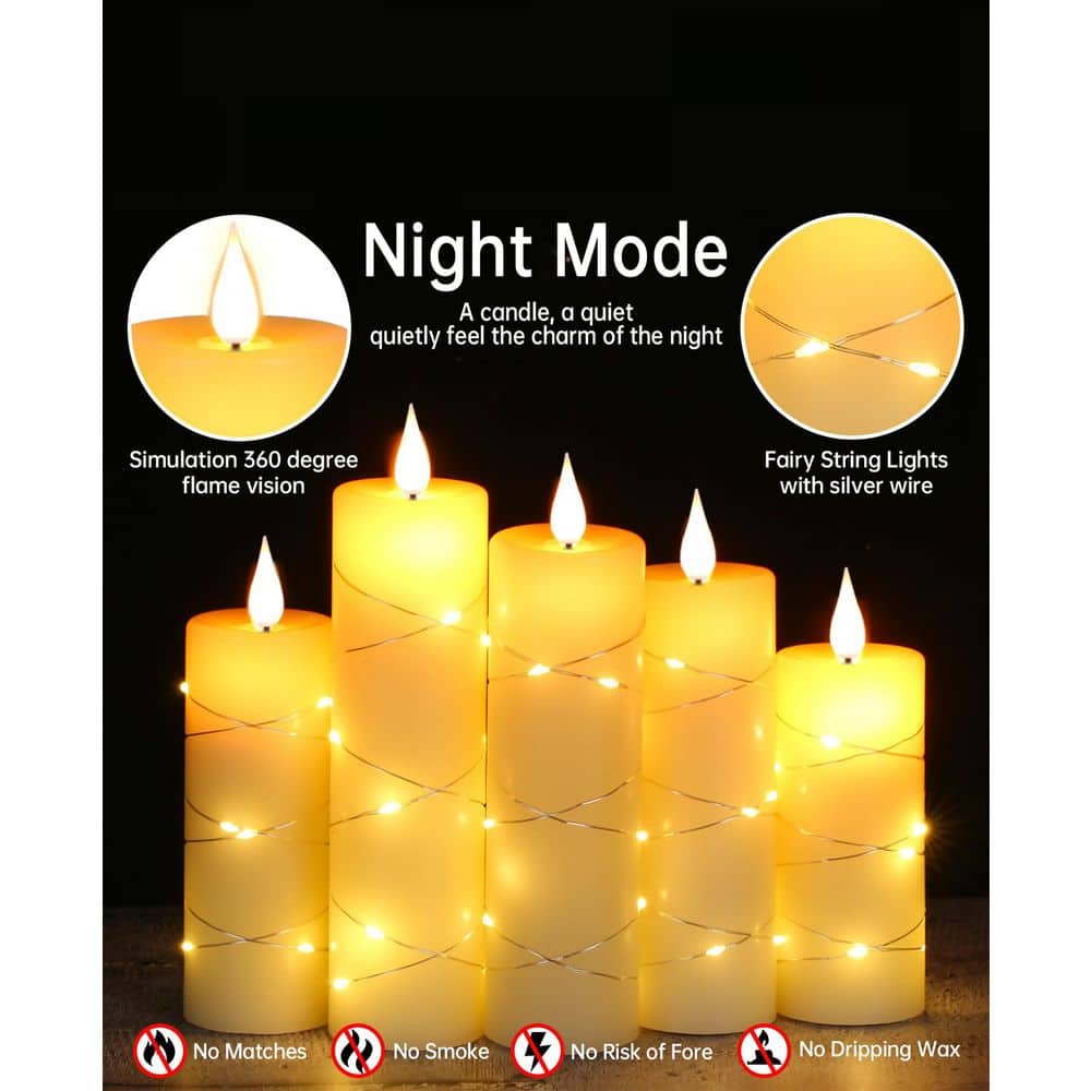 5-Piece Remote-Controlled Flameless Ivory White Real Wax LED Candles with Light String and Timer - Hercitys