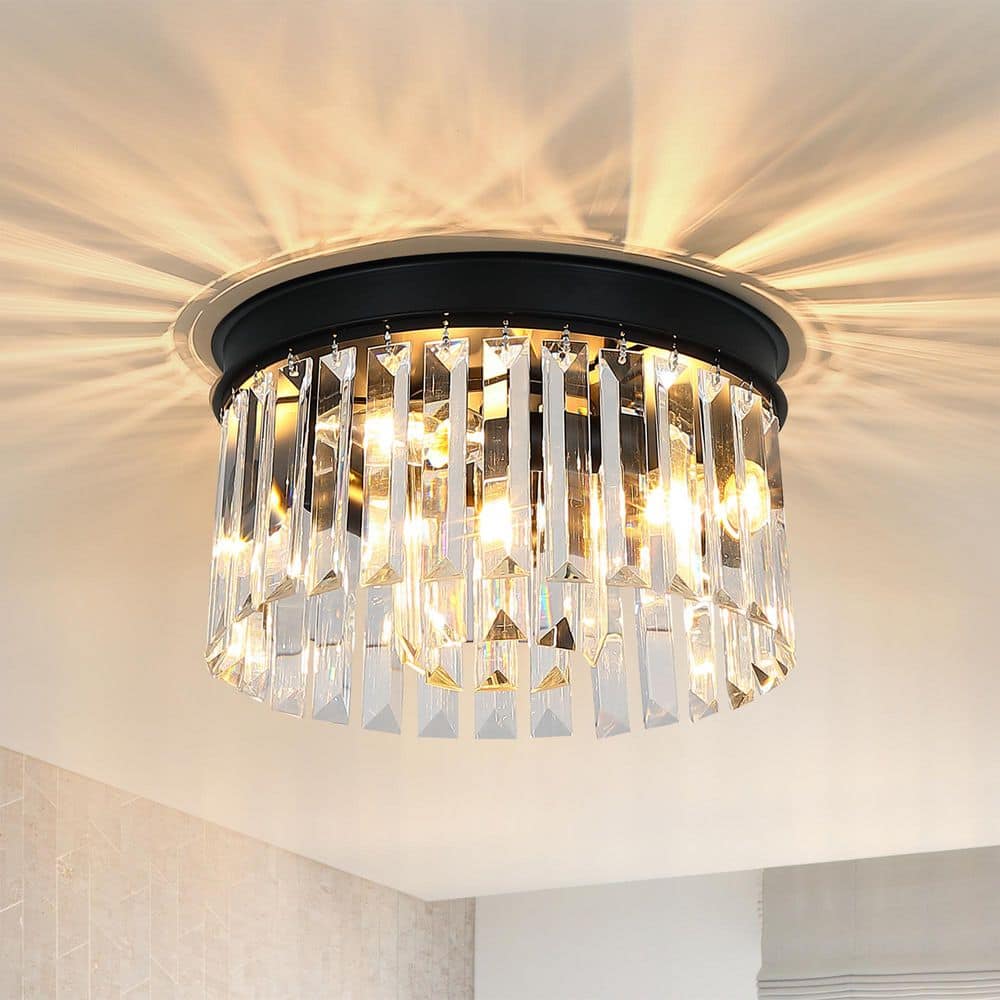 12 in. 3-Light Modern Black Round Flush Mount Ceiling Light with 2 Tiers Clear Crystal Shades - Hercitys