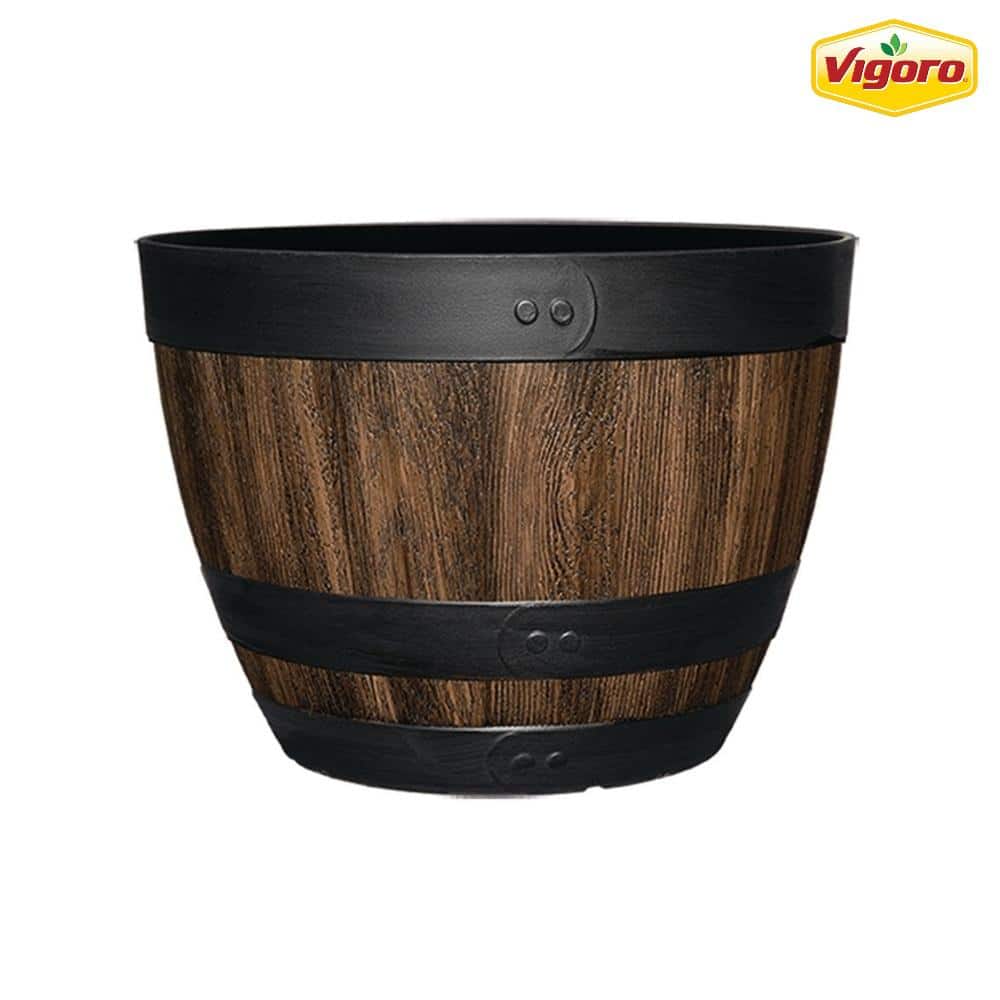 16 in. Reedley Large Kentucky Walnut Brown Resin Wine Barrel Planter (16 in. D x 11.5 in. H) - Hercitys