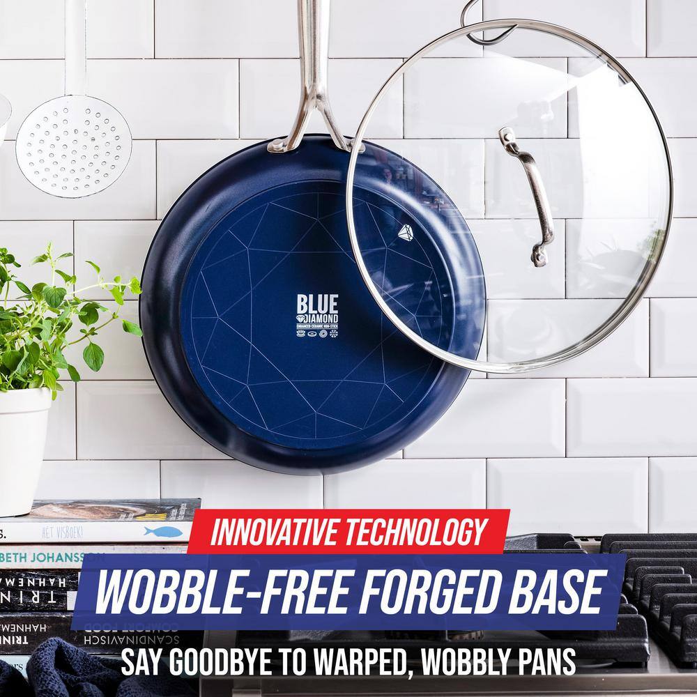 12 in. Aluminum Diamond Infused Toxin-Gree Nonstick Non-Induction Frying Pan Skillet in Blue with Handle and Glass Lid - Hercitys