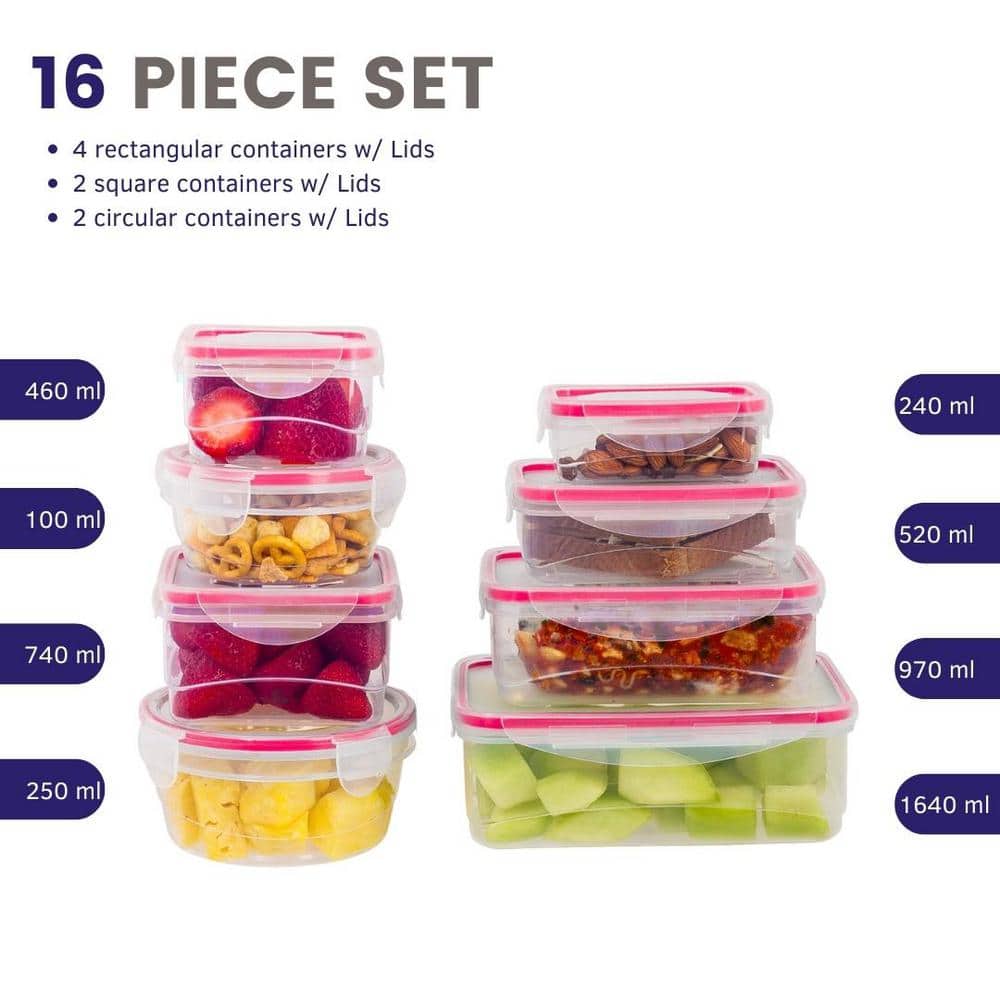 16-Piece Durable Meal Prep Plastic Food Containers with Snap Lock Lids – Red - Hercitys