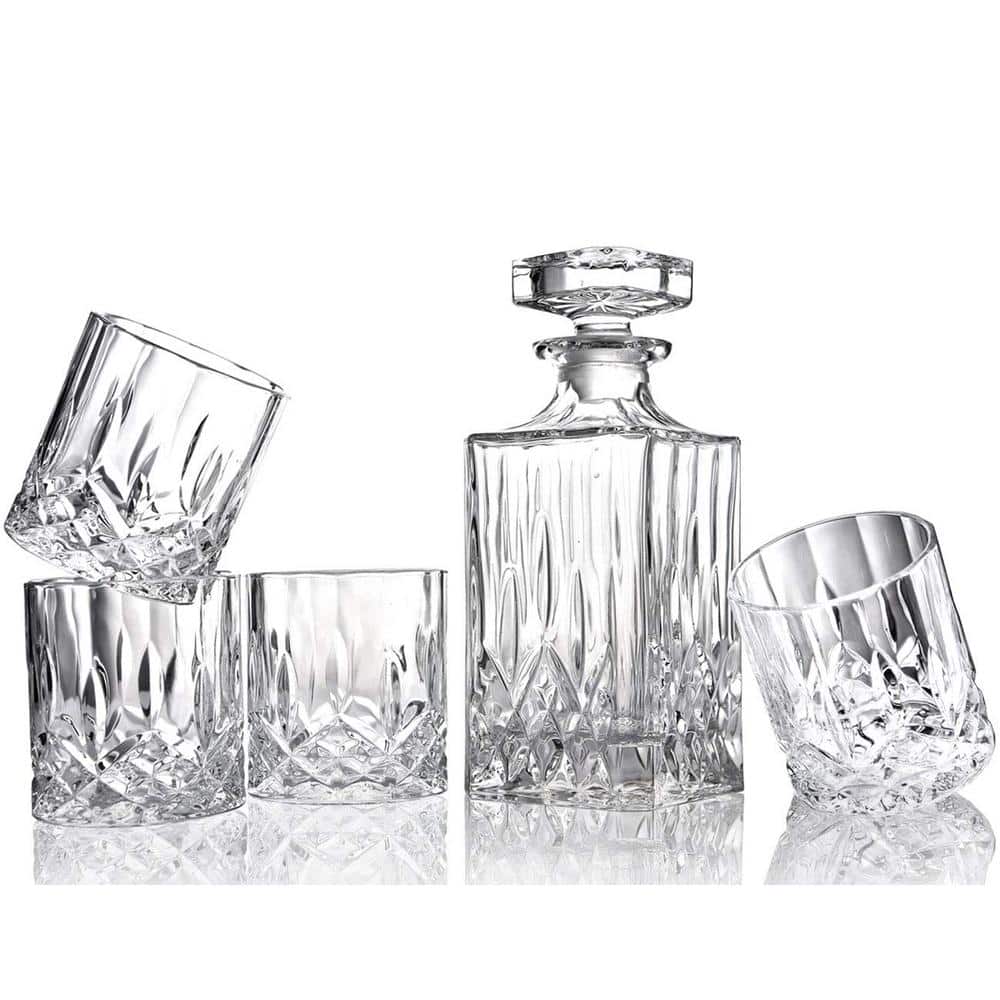 5-Piece Clear Glass Bar Set-Italian Crafted Crystal Decanter with 4-Double Old Fashioned Glasses, 100% Lead Free Glass - Hercitys
