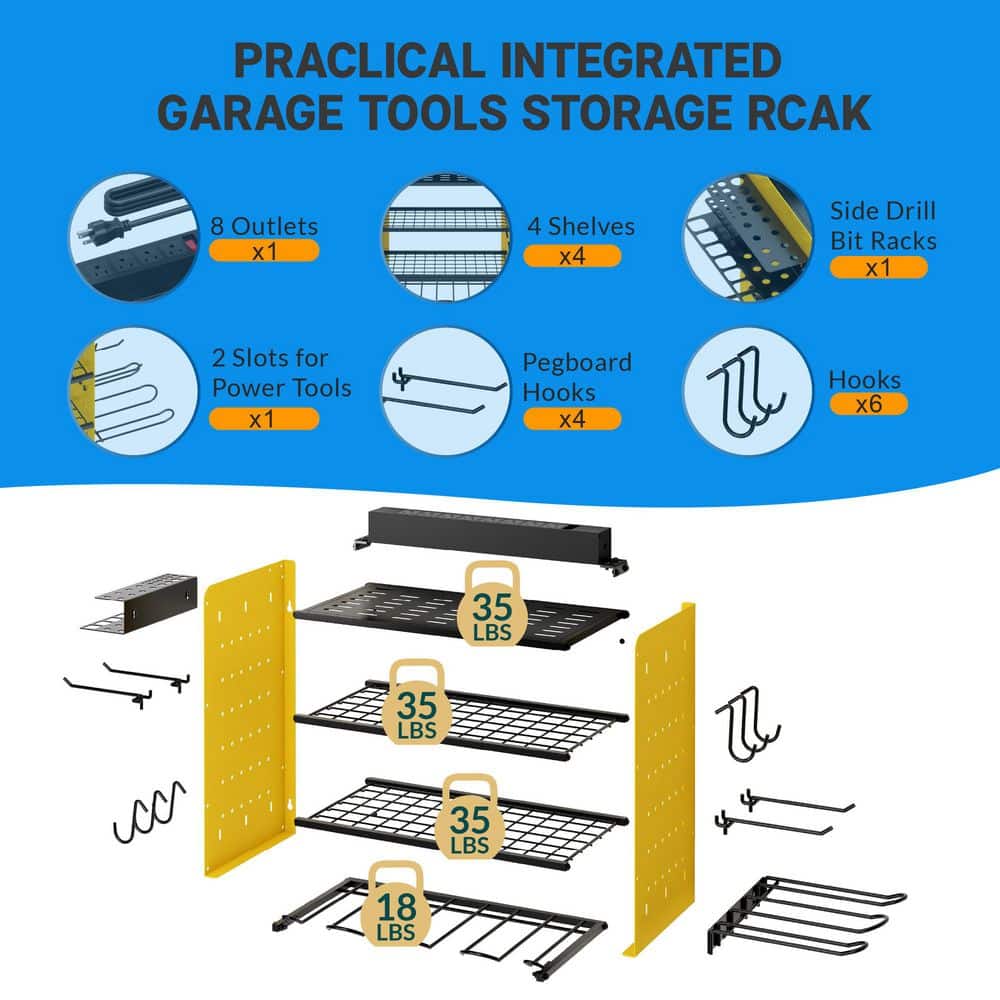 16 .6 in. Modular Power Tool Organizer with Charging Station, 150 lbs. Wall Mount Garage with hooks, Yellow - Hercitys