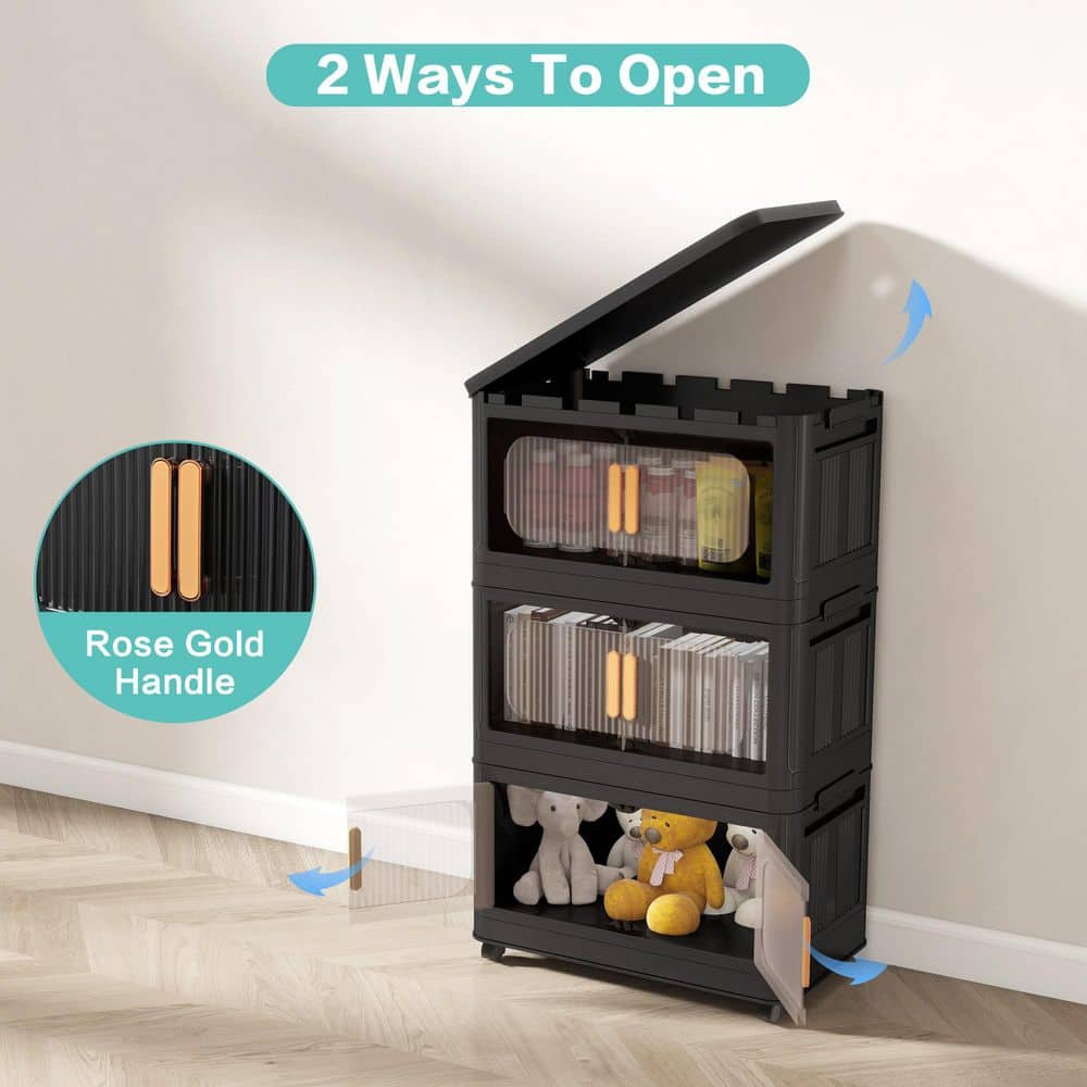5 Tiers Kitchen Pantry, Folding Storage Cabinet, Collapsible Storage Bins with Magnetic Door and Wheels in Black - Hercitys