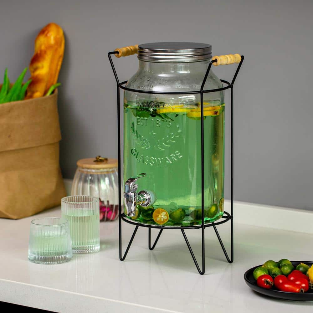 1.6-Gallon Glass Drink Dispenser with Stainless Steel Spigot – Water and Juice Container, Lemonade Stand - Hercitys