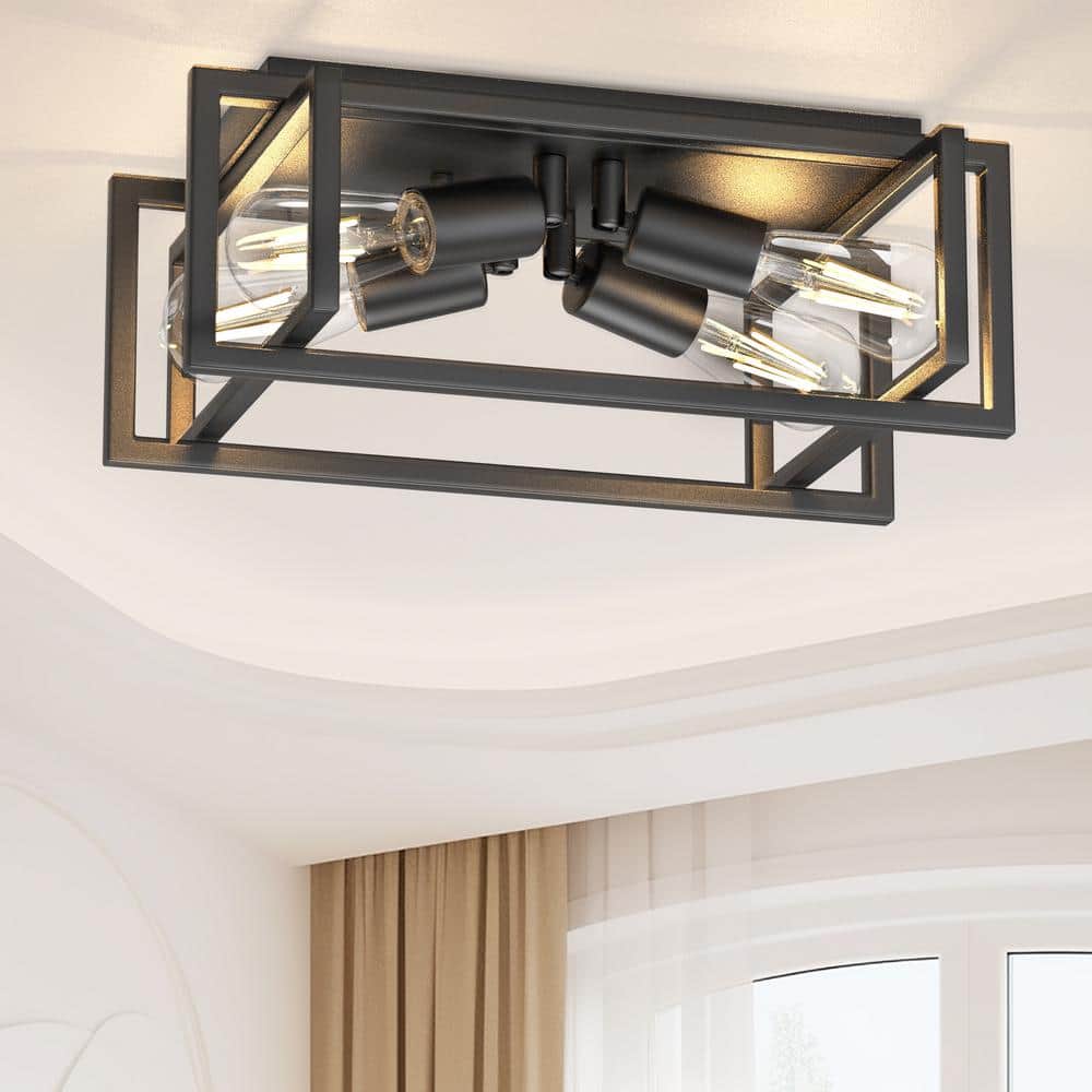 11.41 in. 4-Light Industrial Metal Black Caged Square Flush Mount Industrial Vintage Ceiling Lighting for Living Room - Hercitys