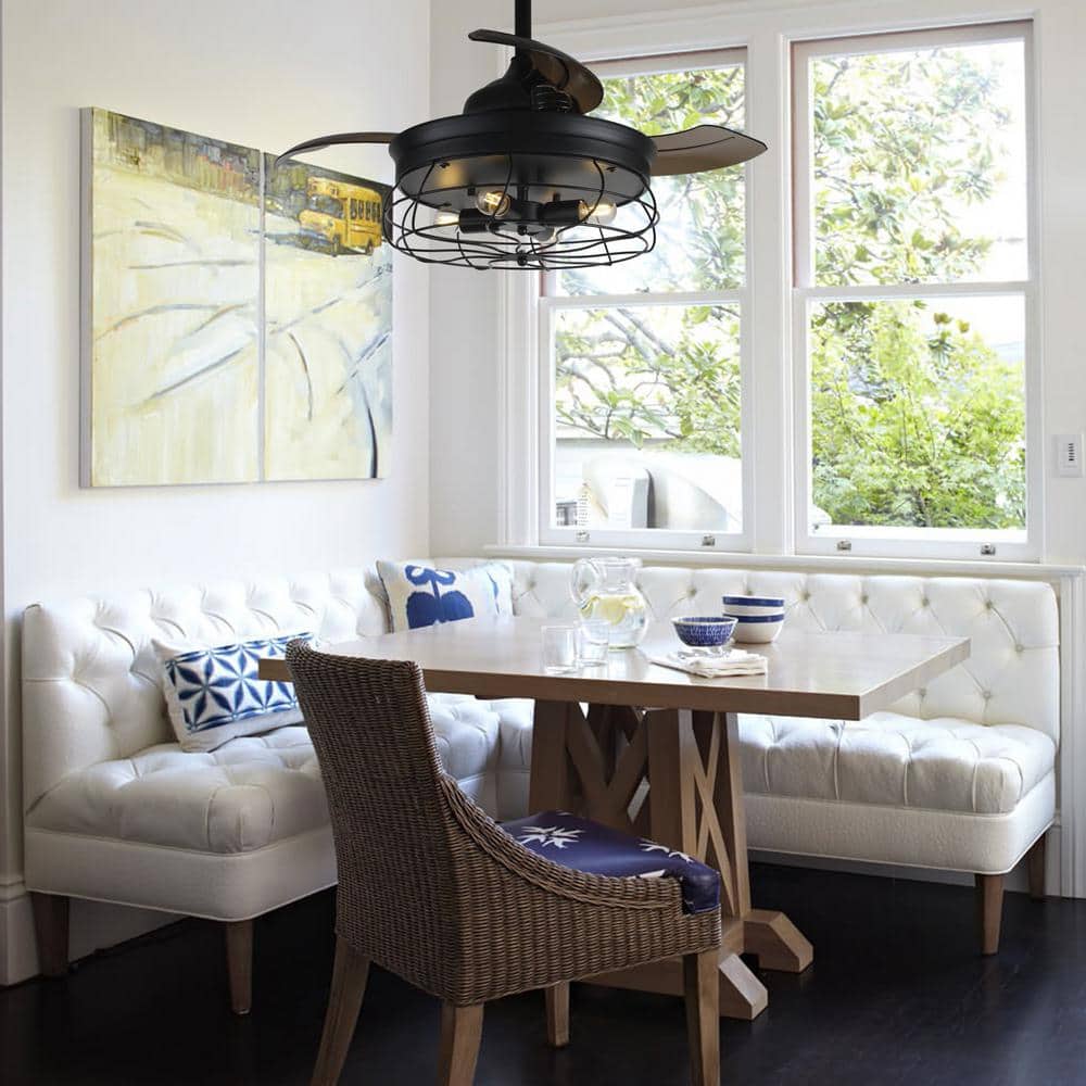 36 in. Downrod Mount Retractable 3-Blade Black Ceiling Fan with Light Kit and Remote Control - Hercitys