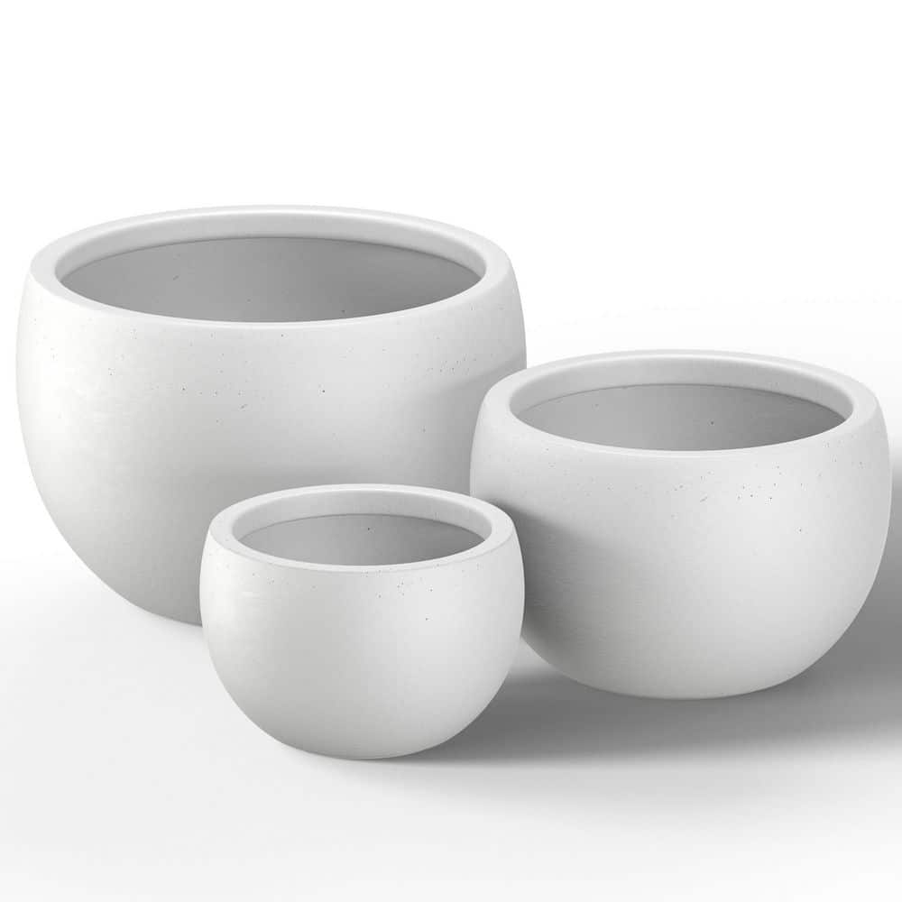 12.5 in. 16 in. 20.5 in. Crisp White(Enhanced Interior) Concrete Round Planter / Pot with Drainage Holes (3-Pack) - Hercitys