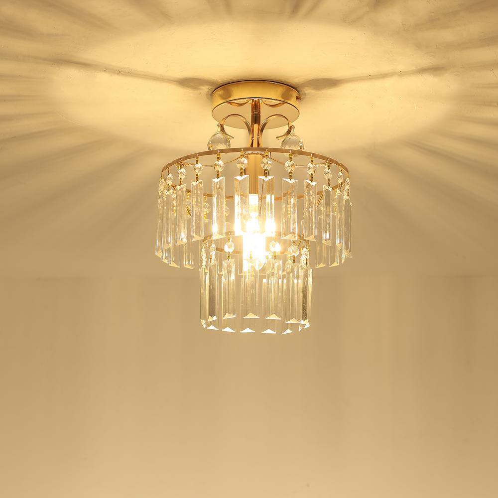 10.62 in. 1 Light Gold Modern Round Semi-Flush Mount Ceiling Light with Clear Crystal Shade and No Bulbs Included - Hercitys