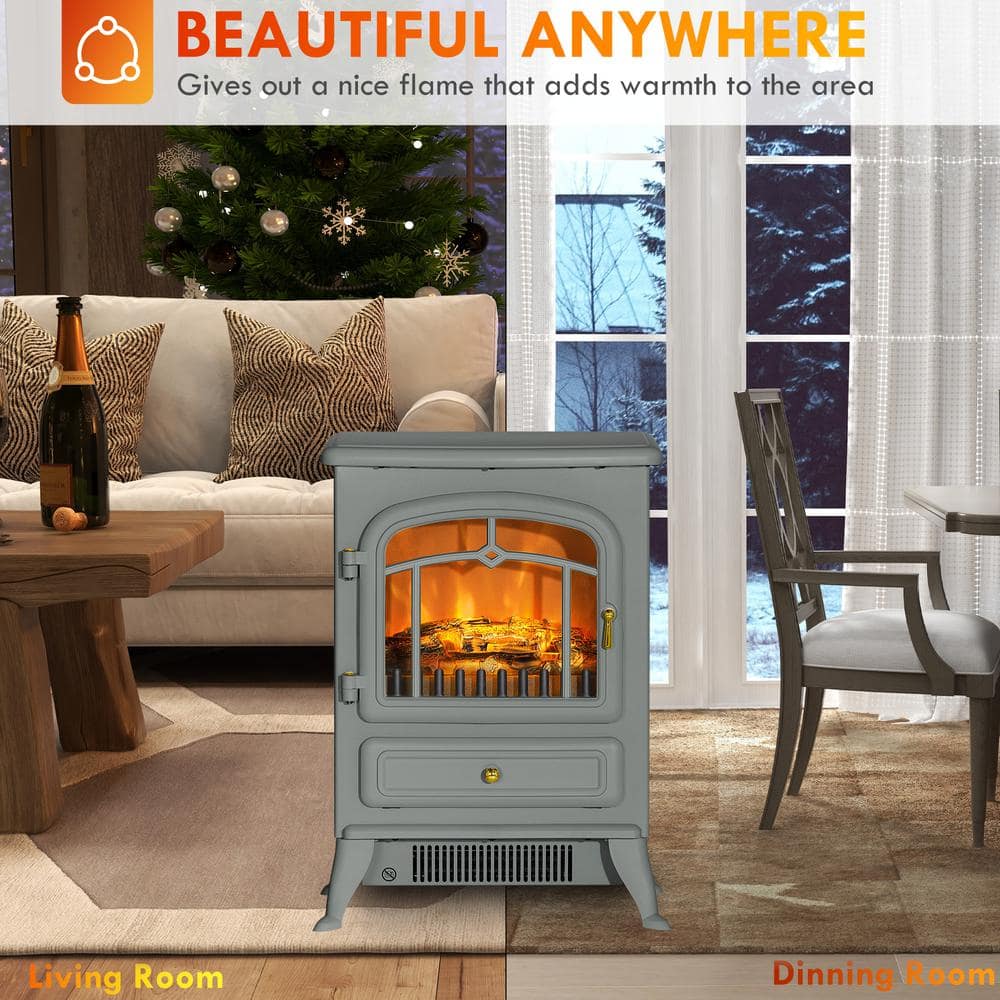 16.25 in. Freestanding Electric Fireplace Heater with Realistic LED Flames in Gray - Hercitys