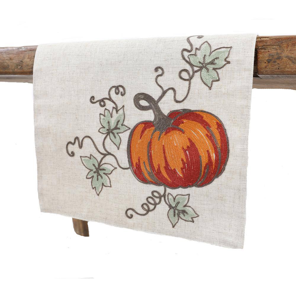 15 in. x 90 in. Rustic Pumpkin Crewel Embroidered Fall Table Runner, Natural - Hercitys