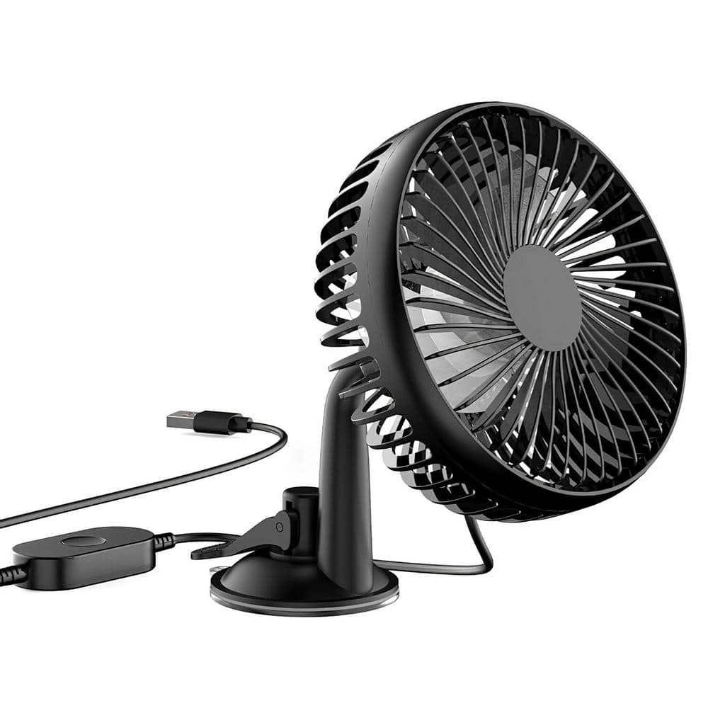 360 Rotatable Portable USB Powered 5 in. 3 fan speeds Desk Fan in Black, Car Cooling for Backseat Dashboard Window Clip - Hercitys