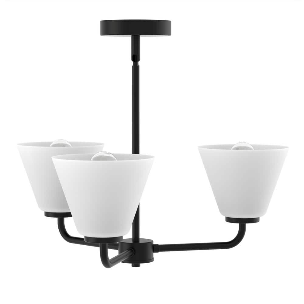 20 in. 3-Light Black Modern Semi-Flush Mount Pendant Lighting, Adjustable Height with Glass Shades for Dining Room - Hercitys
