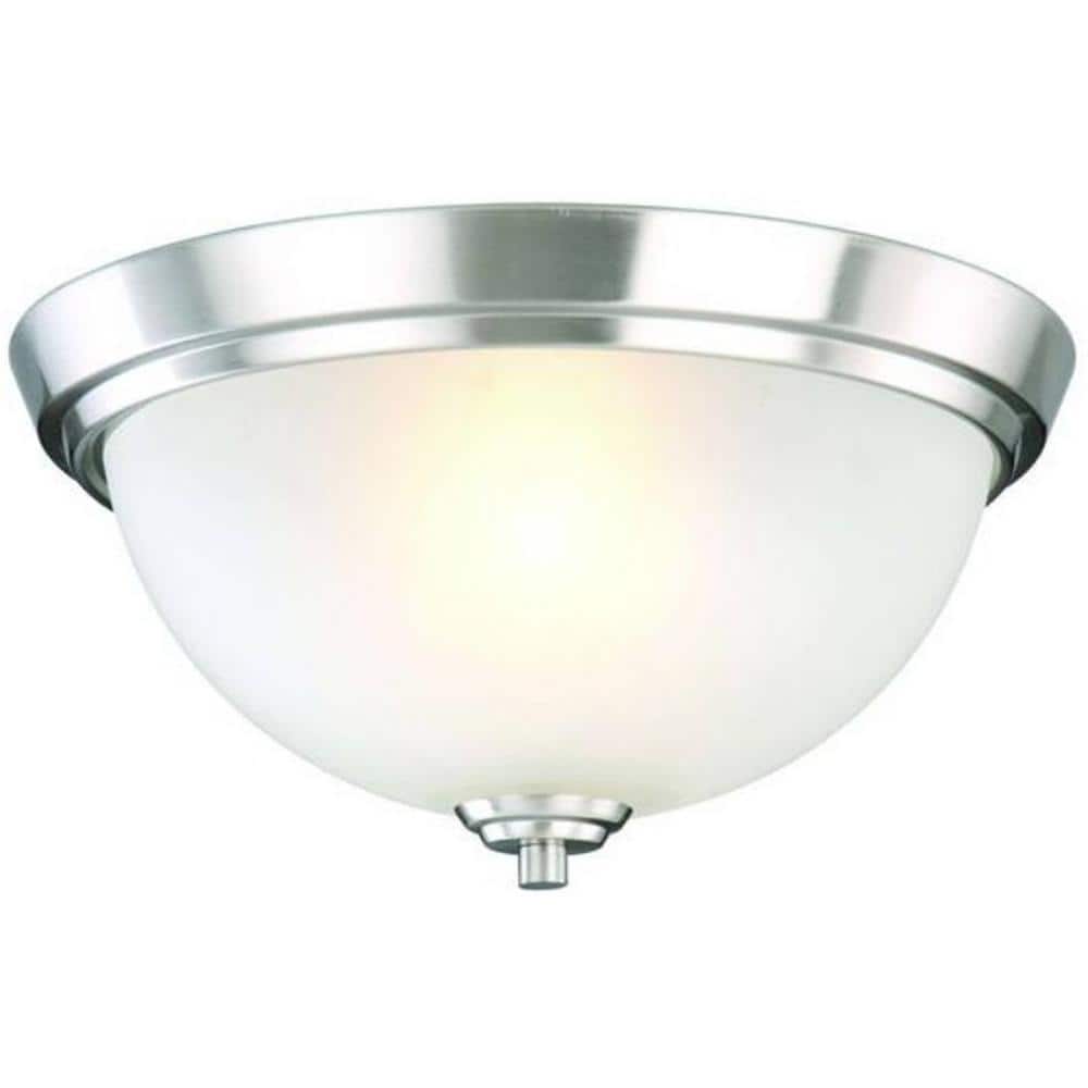 13.5 in. Brushed Nickel Flush Mount Fixture with 2 Bulbs and Alabaster Glass Shade - Hercitys